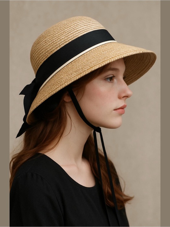 Accessories - VTG COMHATS WOVEN STRAW SUN HAT BLACK & WHITE GROSGRAIN RIBBON COTTAGECORE SZ 8